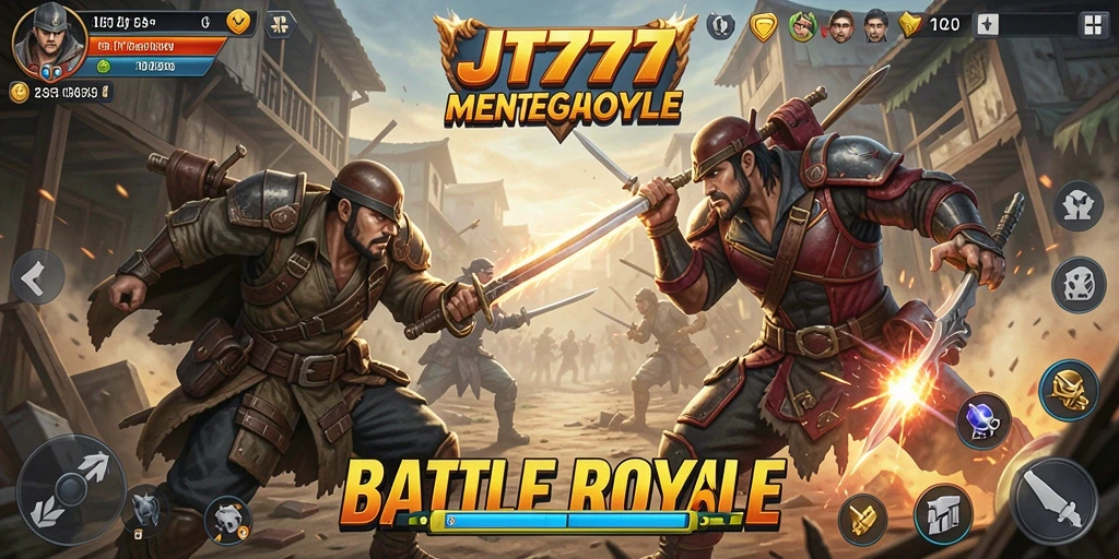 Tangkapan layar utama JT777 menampilkan aksi seru dalam arena Battle Royale.