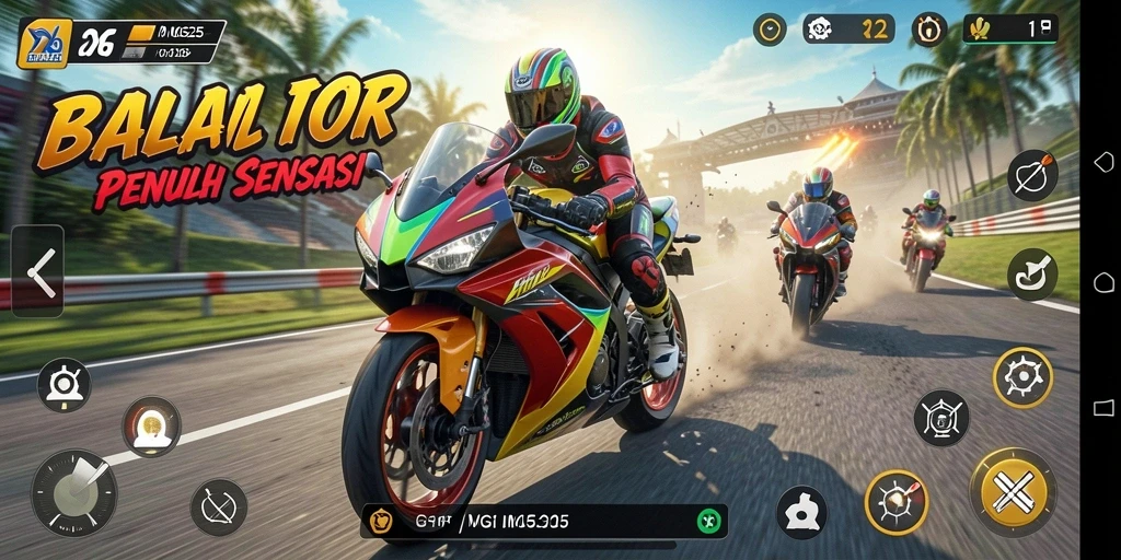Screenshot MG525 menampilkan aksi balapan motor yang menegangkan.